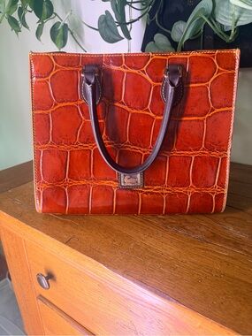 Dooney & Bourke Red Croc-Embossed Leather Tote with Dark Brown Handles